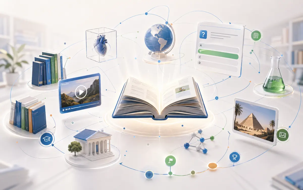 A connected digital library atlas with books, videos, questions, labs, and learning objects